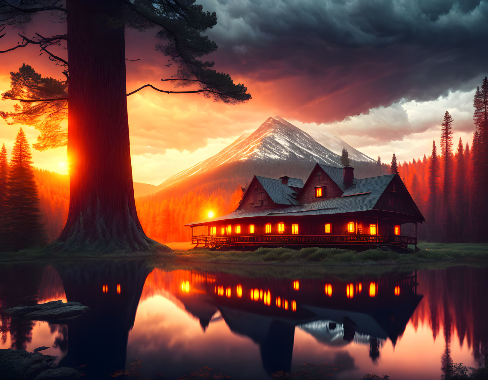 Tranquil lake scene with cozy house, mountain, and sunset