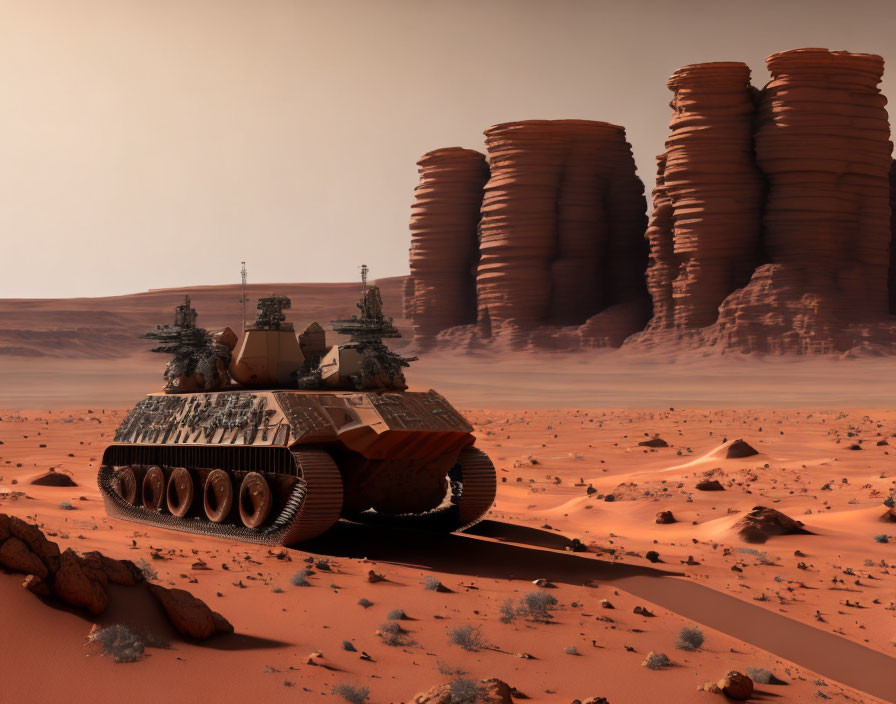 Futuristic tank in Martian landscape with rock formations under hazy sky