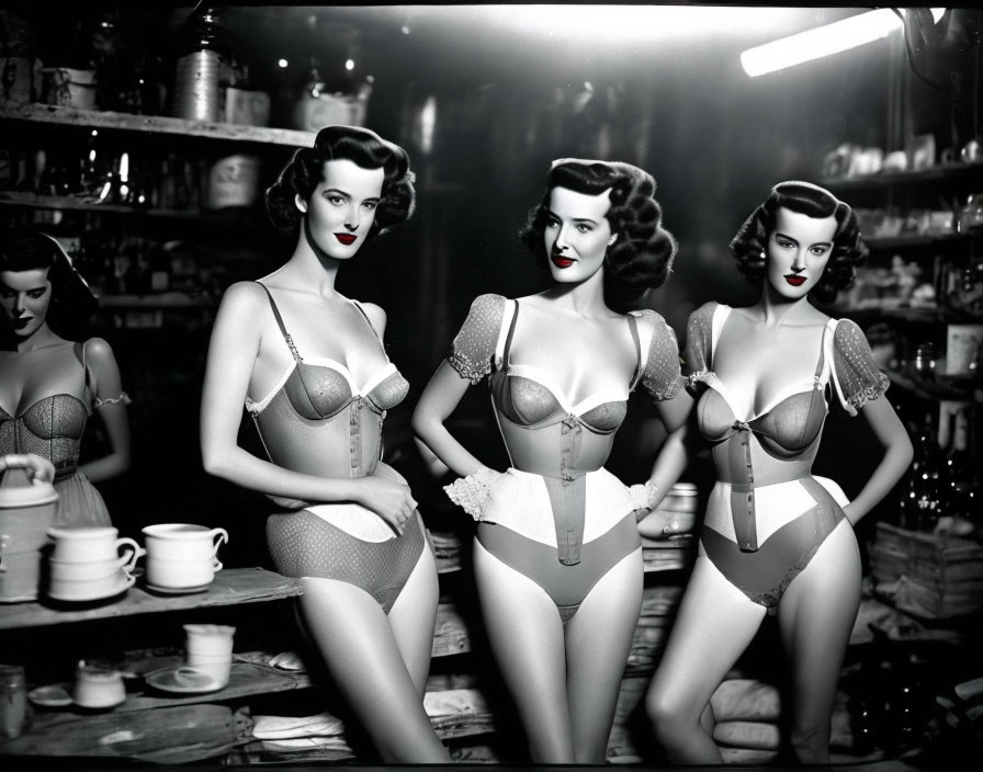 Vintage mannequins with 1950s hairstyles in lingerie and girdles on display in