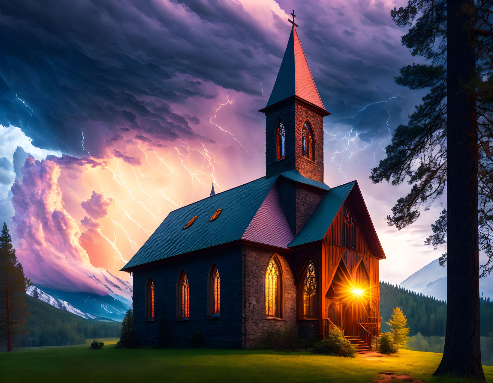 Wooden church under dramatic sky with lightning and mountains at dusk