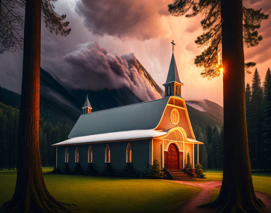 Church with spire surrounded by trees at sunset with storm clouds