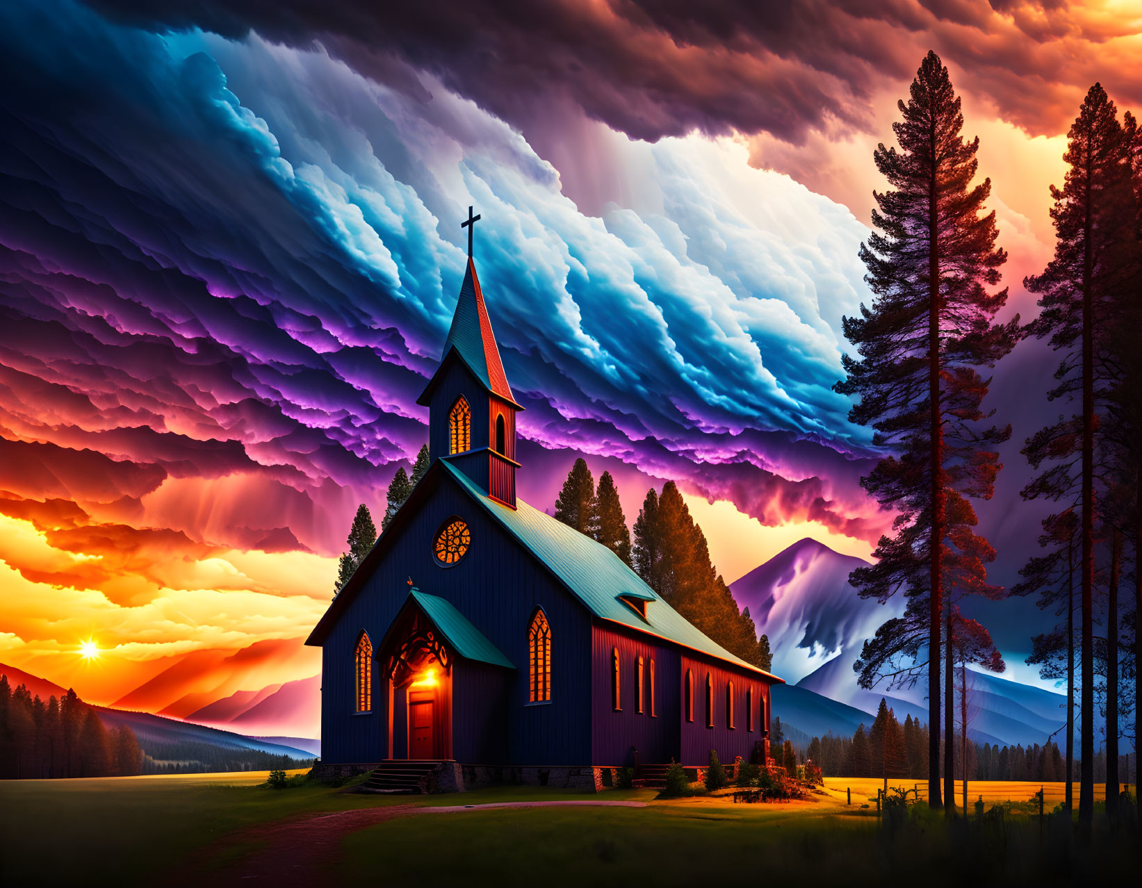 Small church under dramatic sunset sky with trees and mountains.