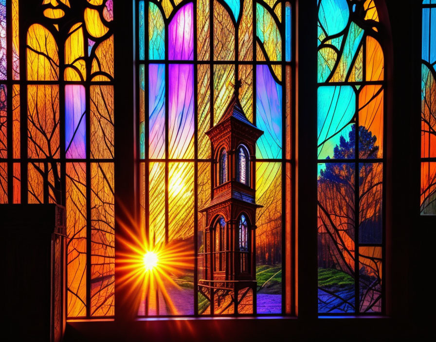 Colorful Stained Glass Window with Sunrise Scene