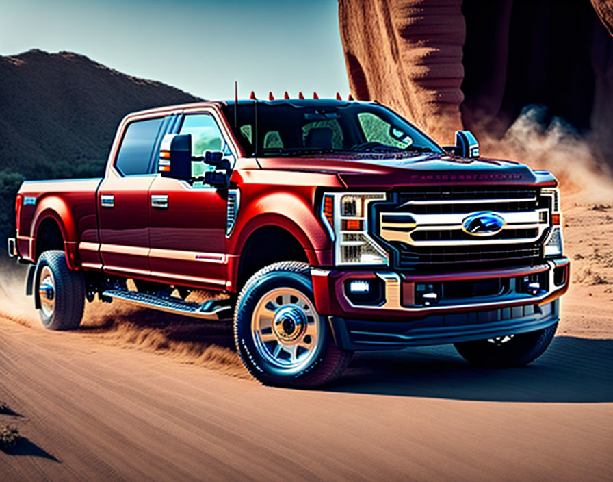 Red Ford Super Duty Truck Driving on Desert Road