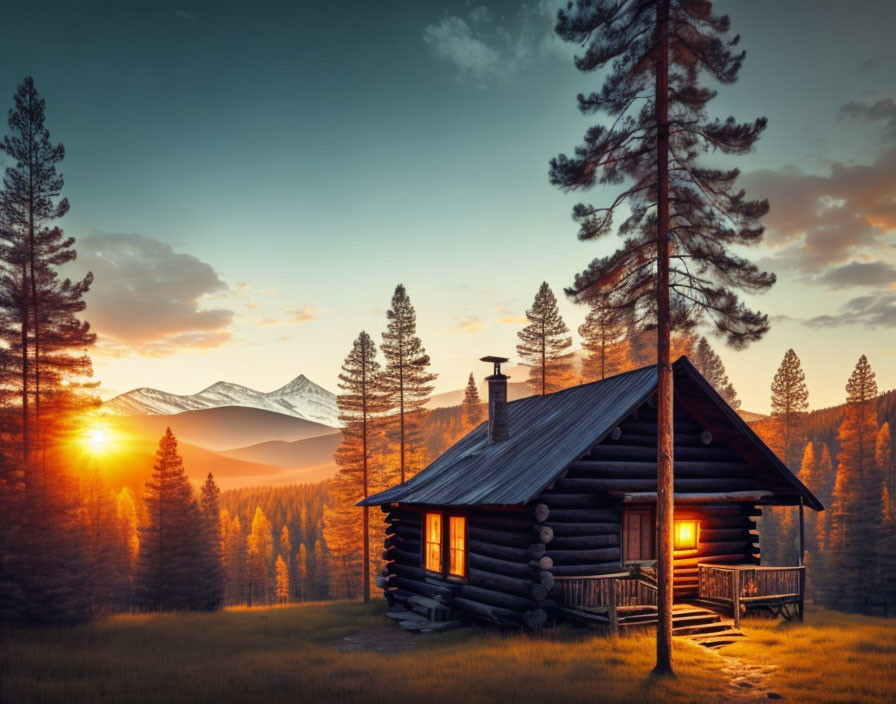 Log cabin in forest at sunset with snow-capped mountains