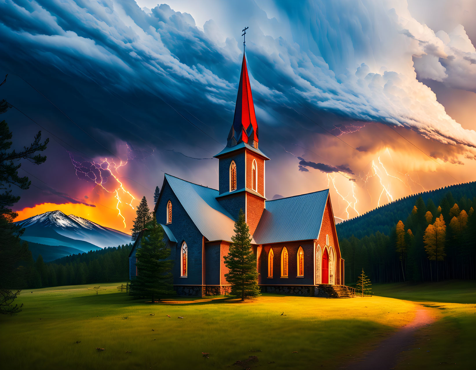 Red steeple church in dramatic landscape with lightning and serene twilight sky