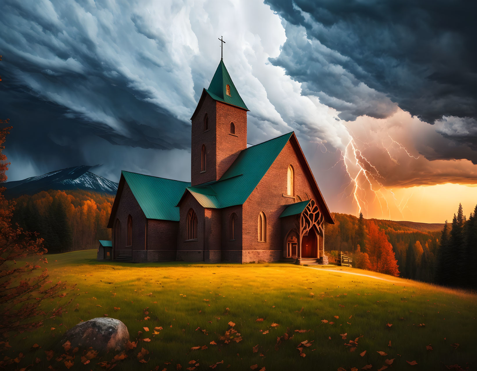 Brick church with green roof under stormy sky