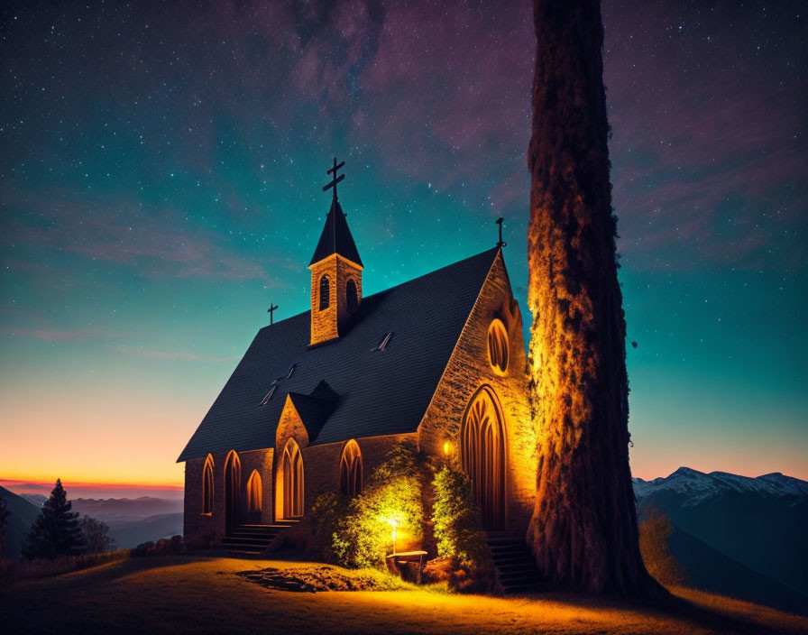 Gothic church under starry sky with warm lights, mountains in background