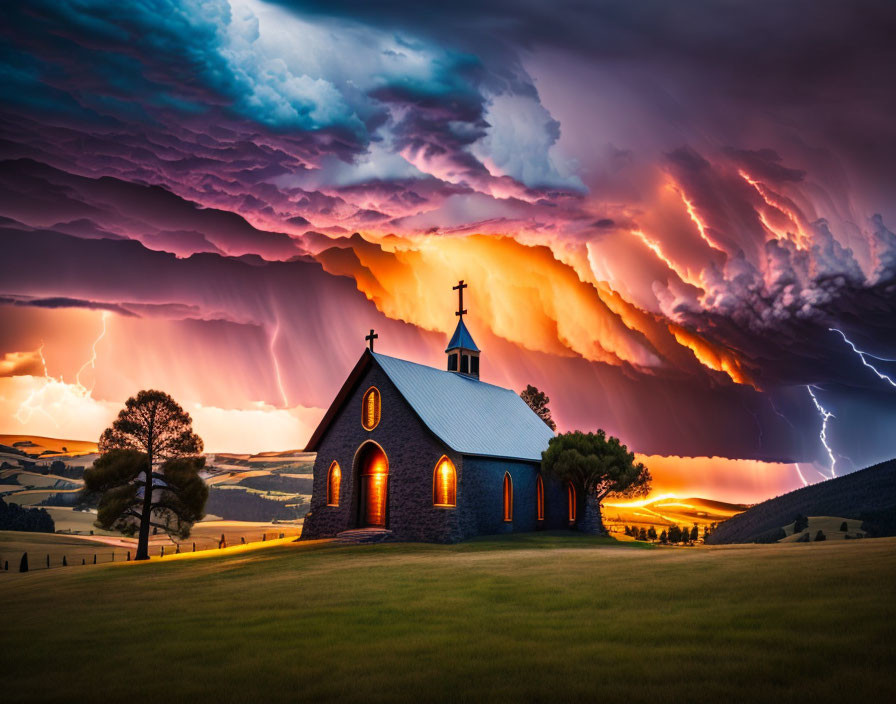 Small Church Under Purple Clouds and Lightning in Twilight Sky