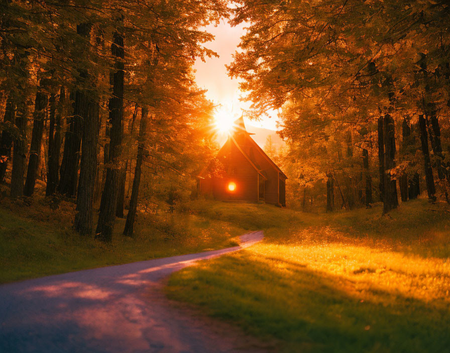 Tranquil sunset scene with golden hues over a cozy cabin and winding path