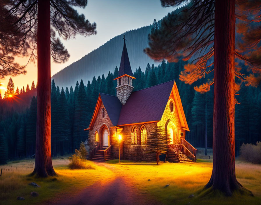 Chapel nestled among trees at dusk with illuminated windows