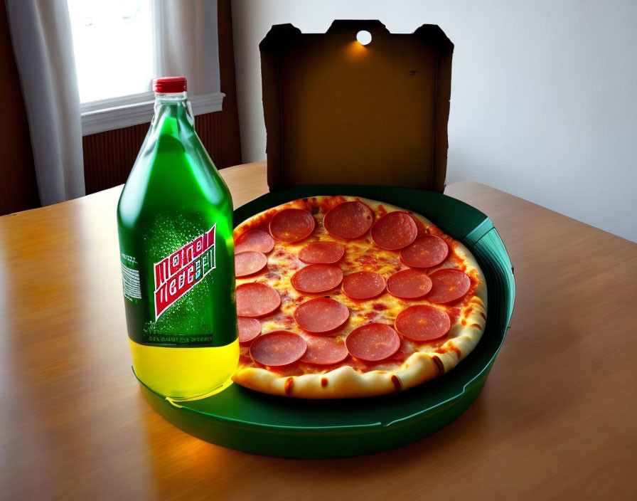 Pepperoni pizza and soda on wooden table