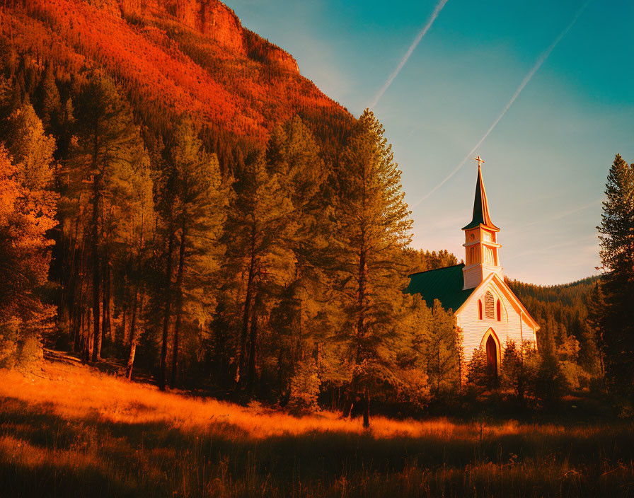 White Church with Steeple in Forested Valley at Sunset