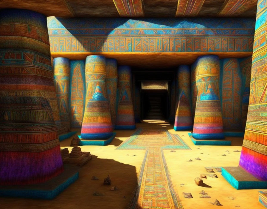 Vibrant hieroglyph-covered columns in ancient Egyptian temple