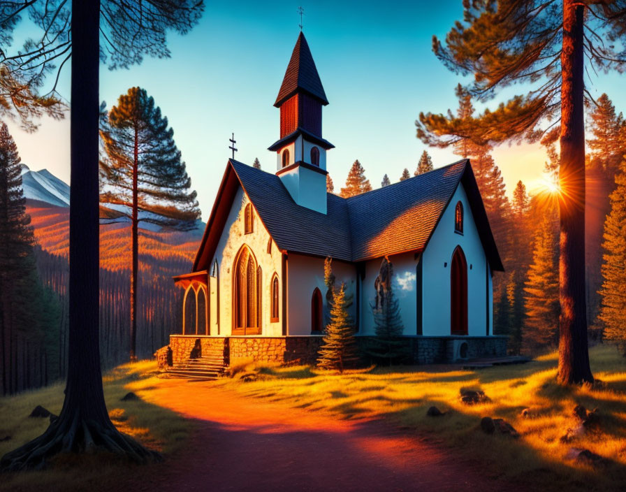 Chapel with bell tower in forest at sunset