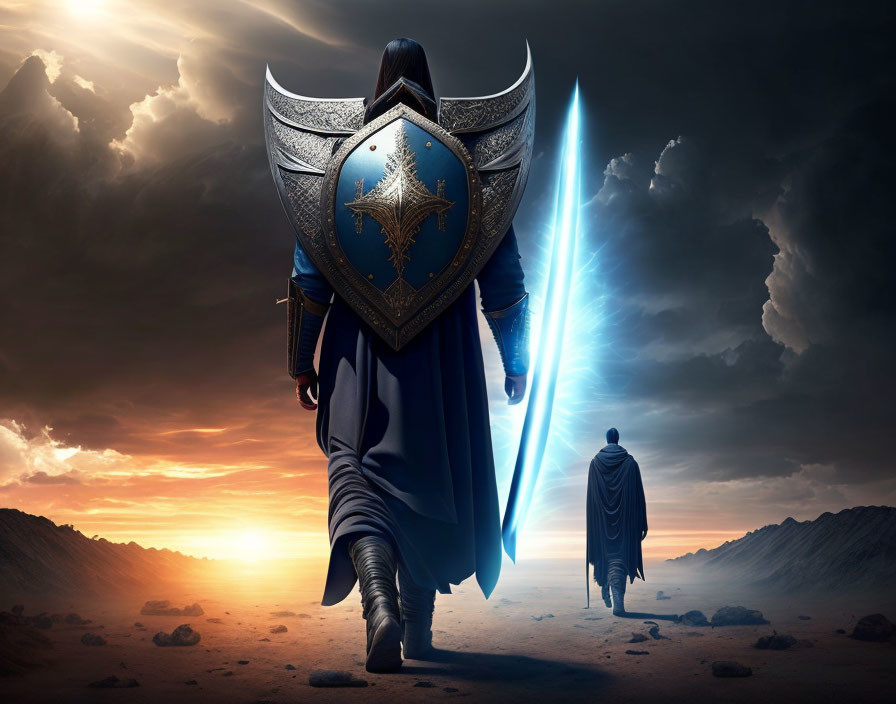 Two knights in capes with shield and glowing sword in barren landscape at sunset