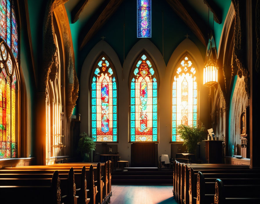 Vibrant stained glass windows in a tranquil church