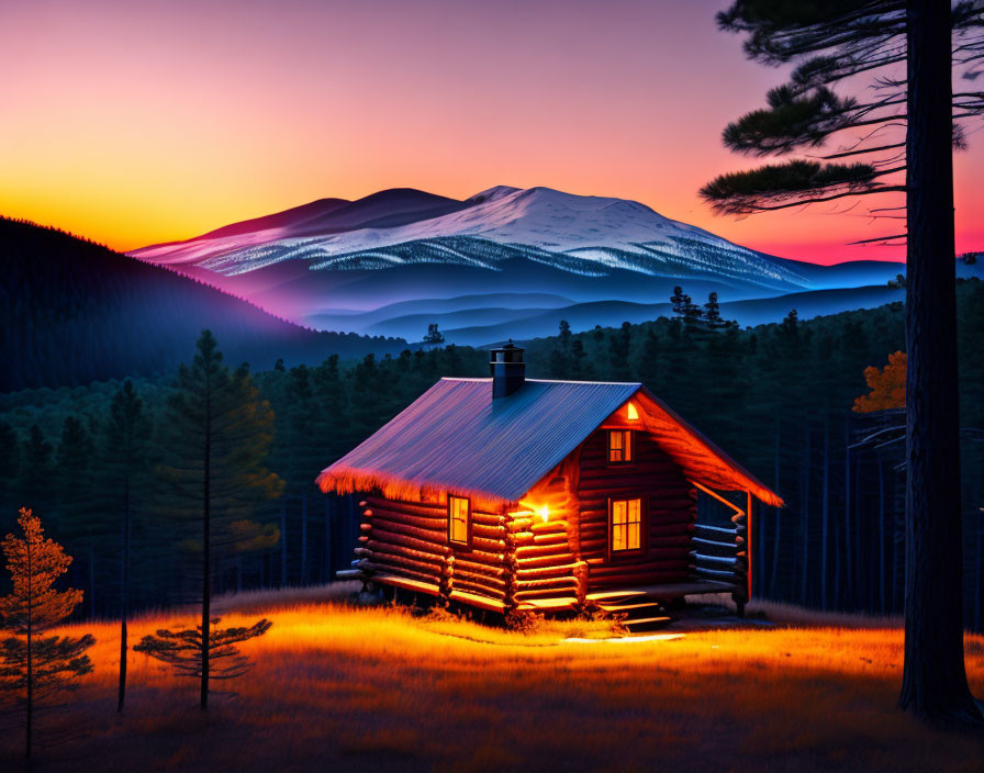 Cozy log cabin nestled among snowy mountains at sunrise/sunset