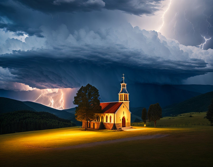 Small Church Interior Illuminated under Stormy Sky with Lightning