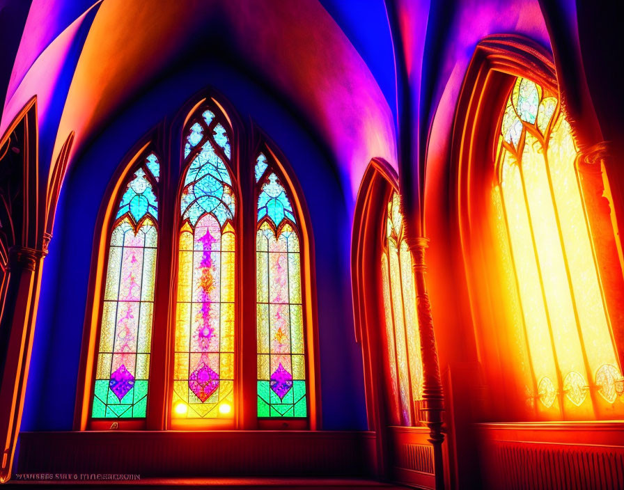 Gothic-style church with vibrant stained glass windows and purple hues