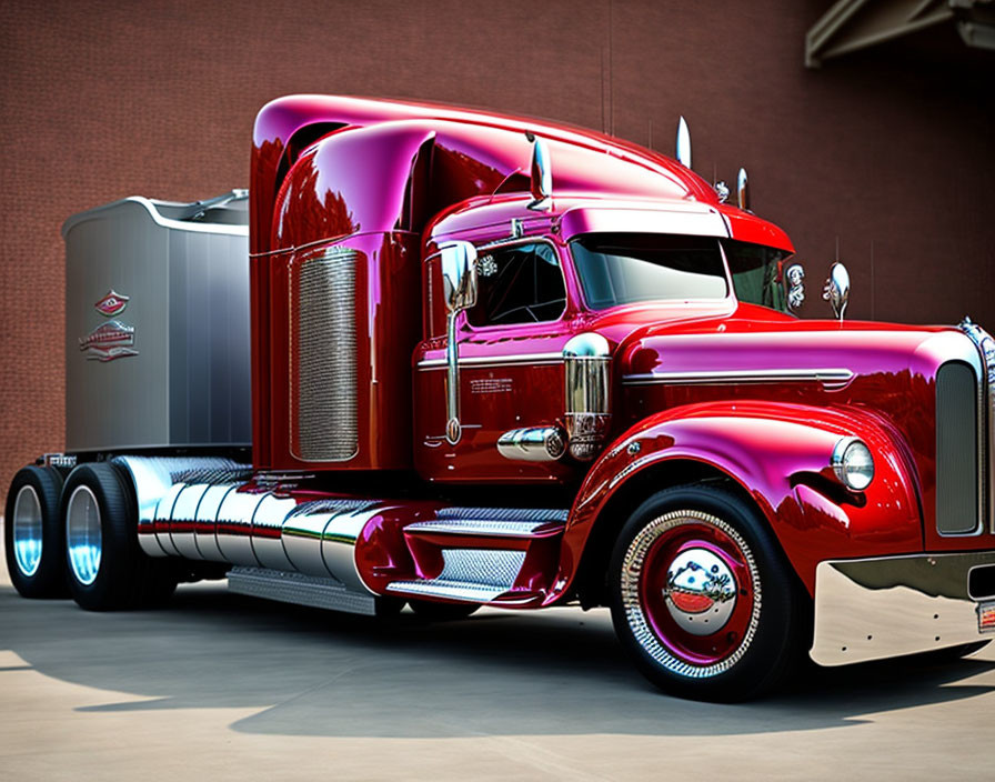 Shiny red vintage truck with chrome accents and neon underglow parked.