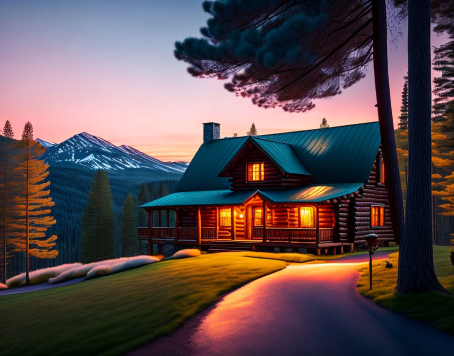 Tranquil twilight landscape with cozy cabin nestled in snowy mountains