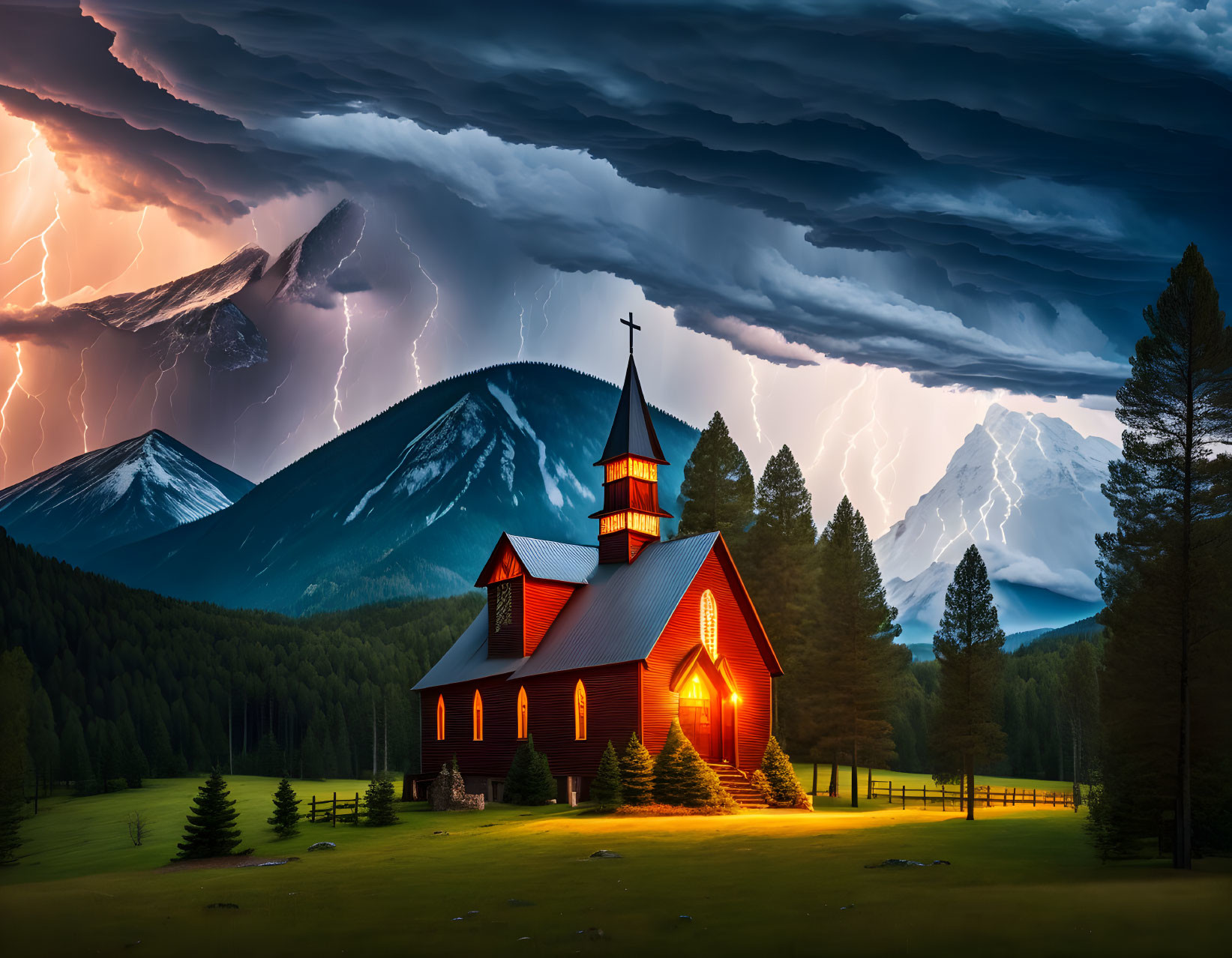 Stormy Sky Illuminated Church: Red Roof, Lightning, Dark Mountains, Pine Forest