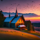 Tranquil sunset scene at wooden church with trees and birds