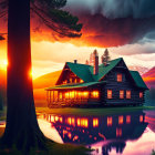 Tranquil lake scene with cozy house, mountain, and sunset