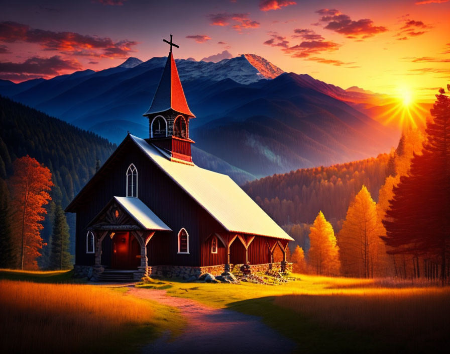 Scenic church steeple with mountains and sunset backdrop