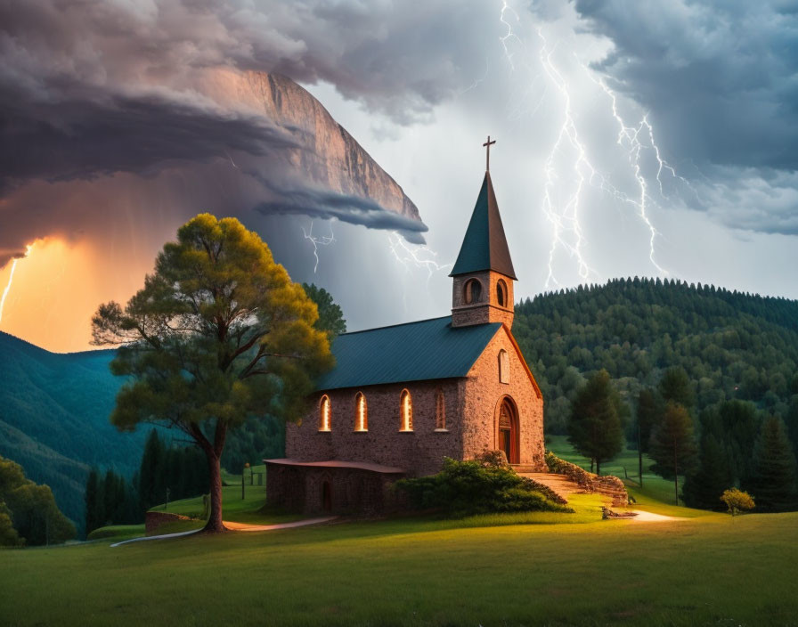 Stone church with steeple on lush hillside, lightning strikes, and mountain backdrop at sunset.