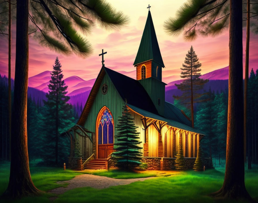 Chapel with lit stained glass window at sunset among pine trees