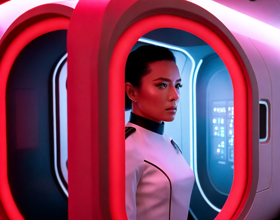 Futuristic white uniform woman in spacecraft with red circular doorways