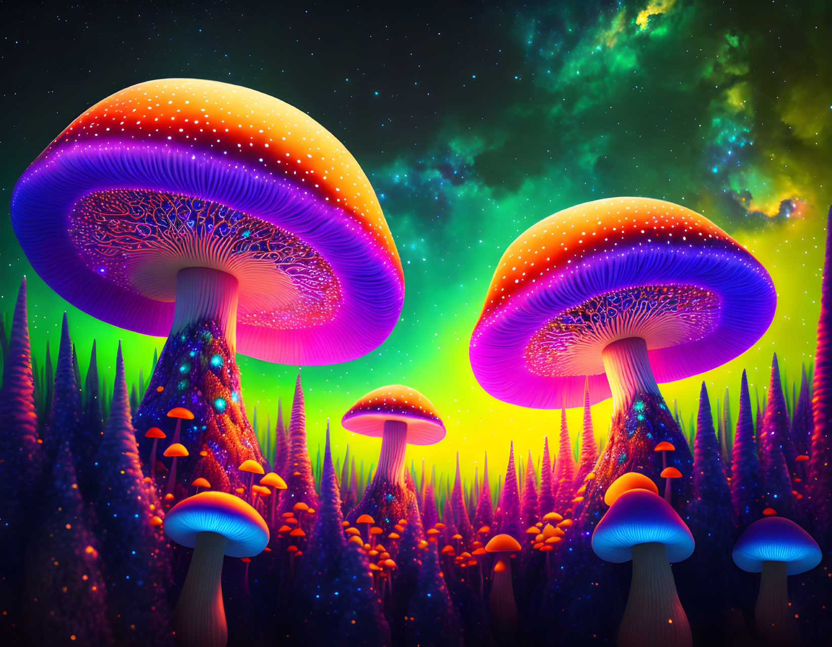 Luminescent Oversized Mushrooms in Otherworldly Forest