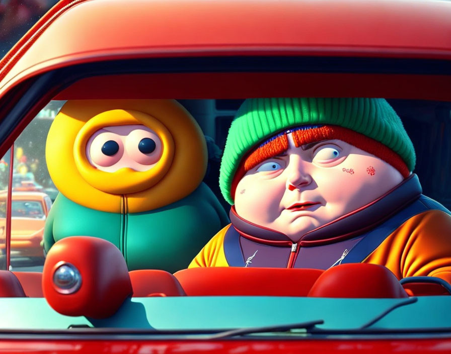 Two animated characters in a car: one wearing a green hat looks surprised, the other in orange appears