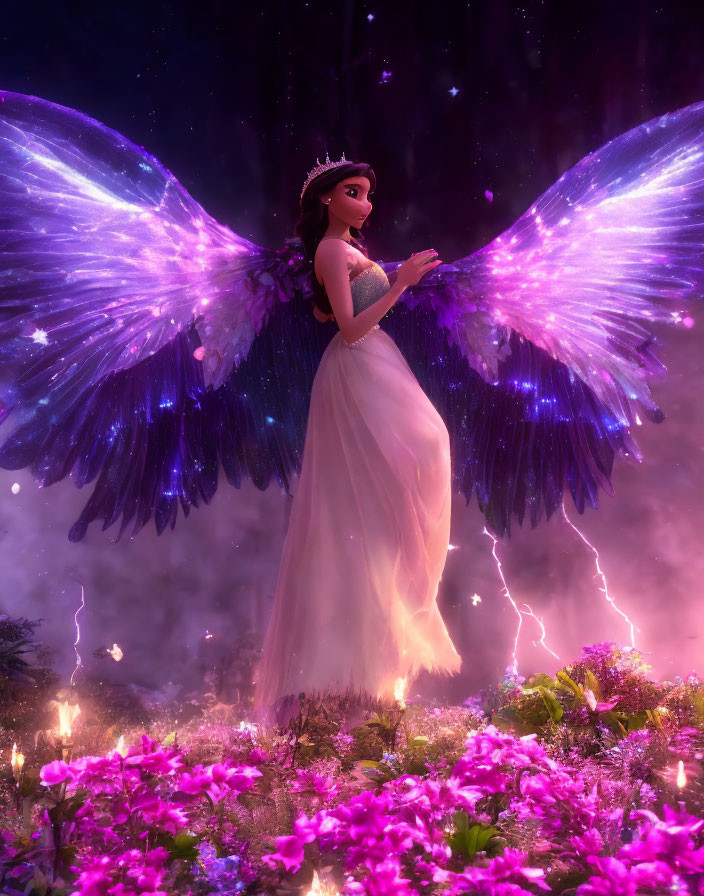 Majestic winged fairy with crown in starlit sky among vibrant flowers