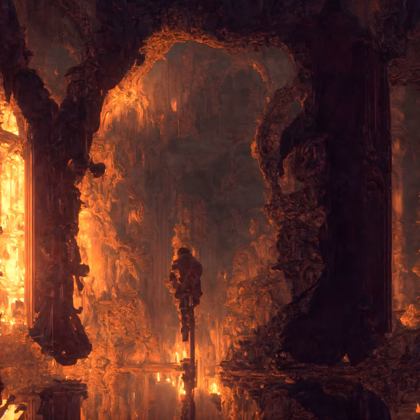 Solitary Figure in Ornate Amber-lit Cavern