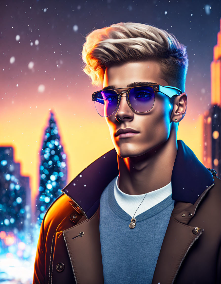 Young man in leather jacket and sunglasses in neon-lit city snowfall