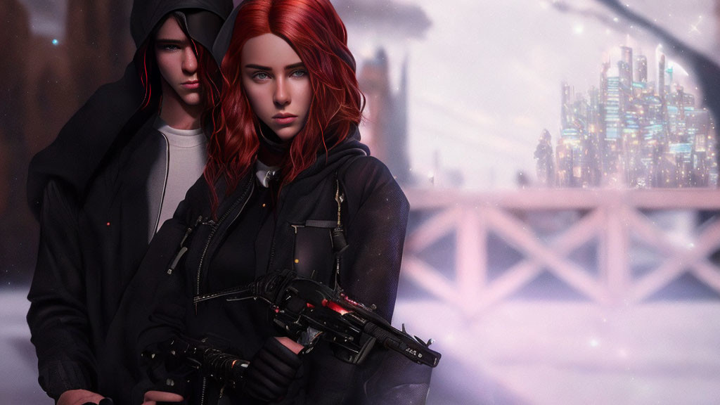 Red-haired woman with gun and hooded man in futuristic snowy cityscape