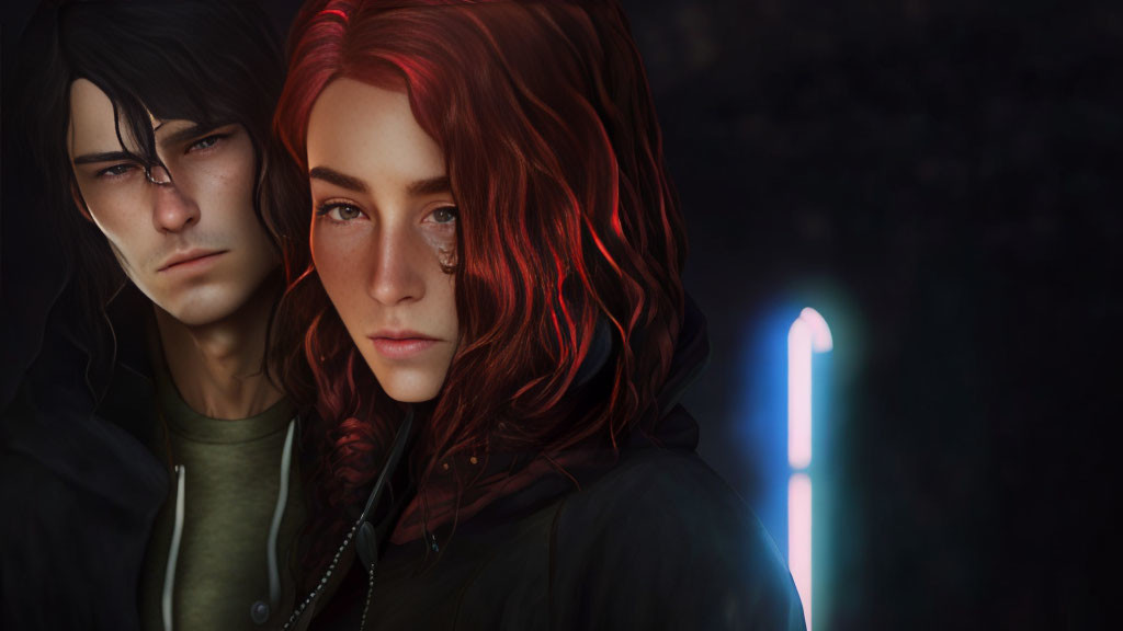 Intense digital artwork featuring man and woman with red hair, tear, stern look, and neon blue