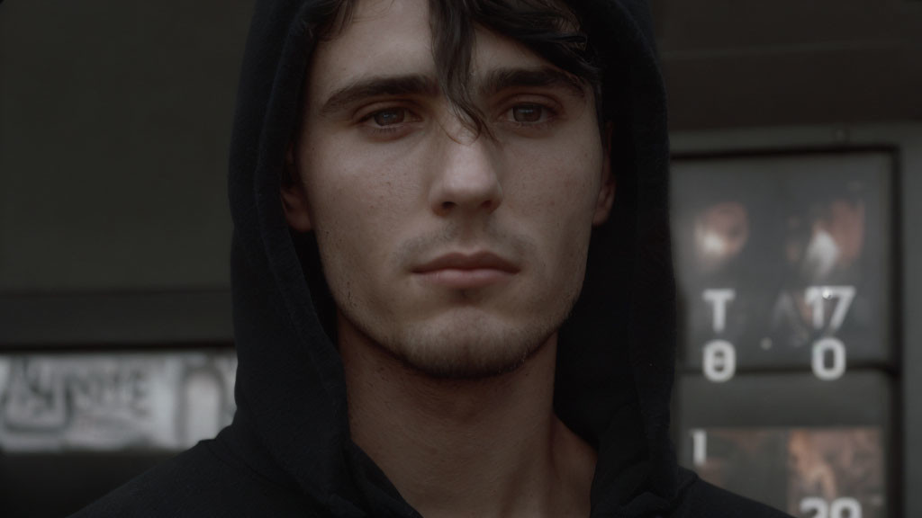 Young man in black hoodie with intense eyes and thoughtful expression in front of alphanumeric signs