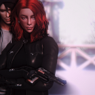 Red-haired woman with gun and hooded man in futuristic snowy cityscape