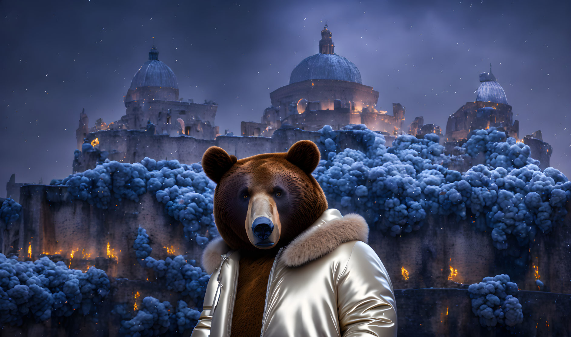 Bear in white jacket in front of ancient castle under starry snowy sky