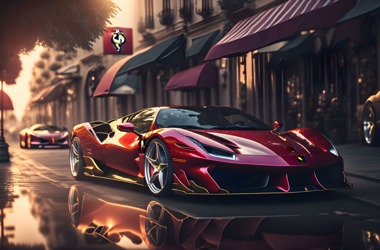 Red Ferrari sports car on wet cobblestone street at sunset