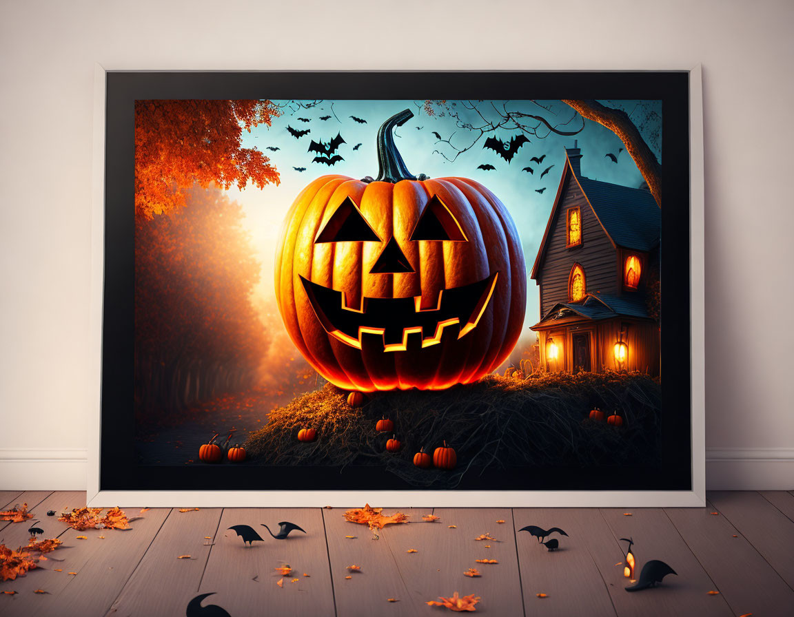 Spooky Halloween poster with jack-o'-lantern, bats, haunted house, and autumn leaves on