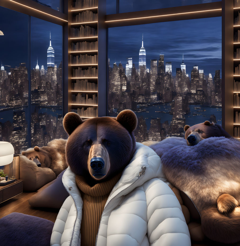 Anthropomorphic bears in plush apartment with city view