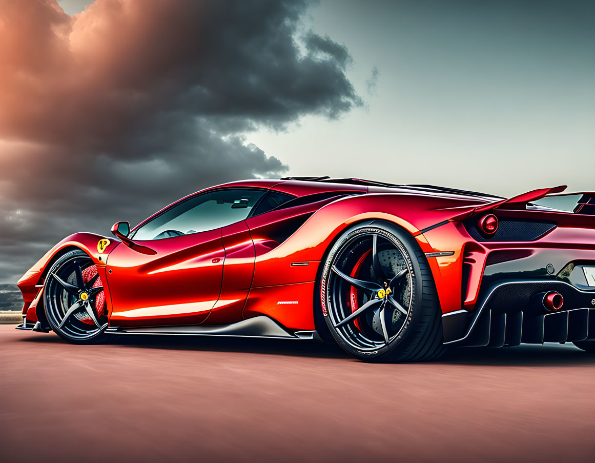 Red sports car with aerodynamic design and black detailing parked under dramatic dusk sky