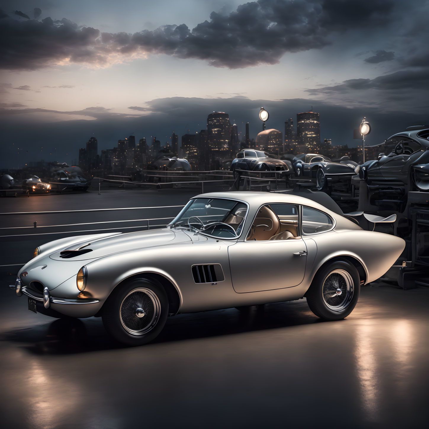 Silver classic car on rooftop at twilight with dramatic sky & city skyline