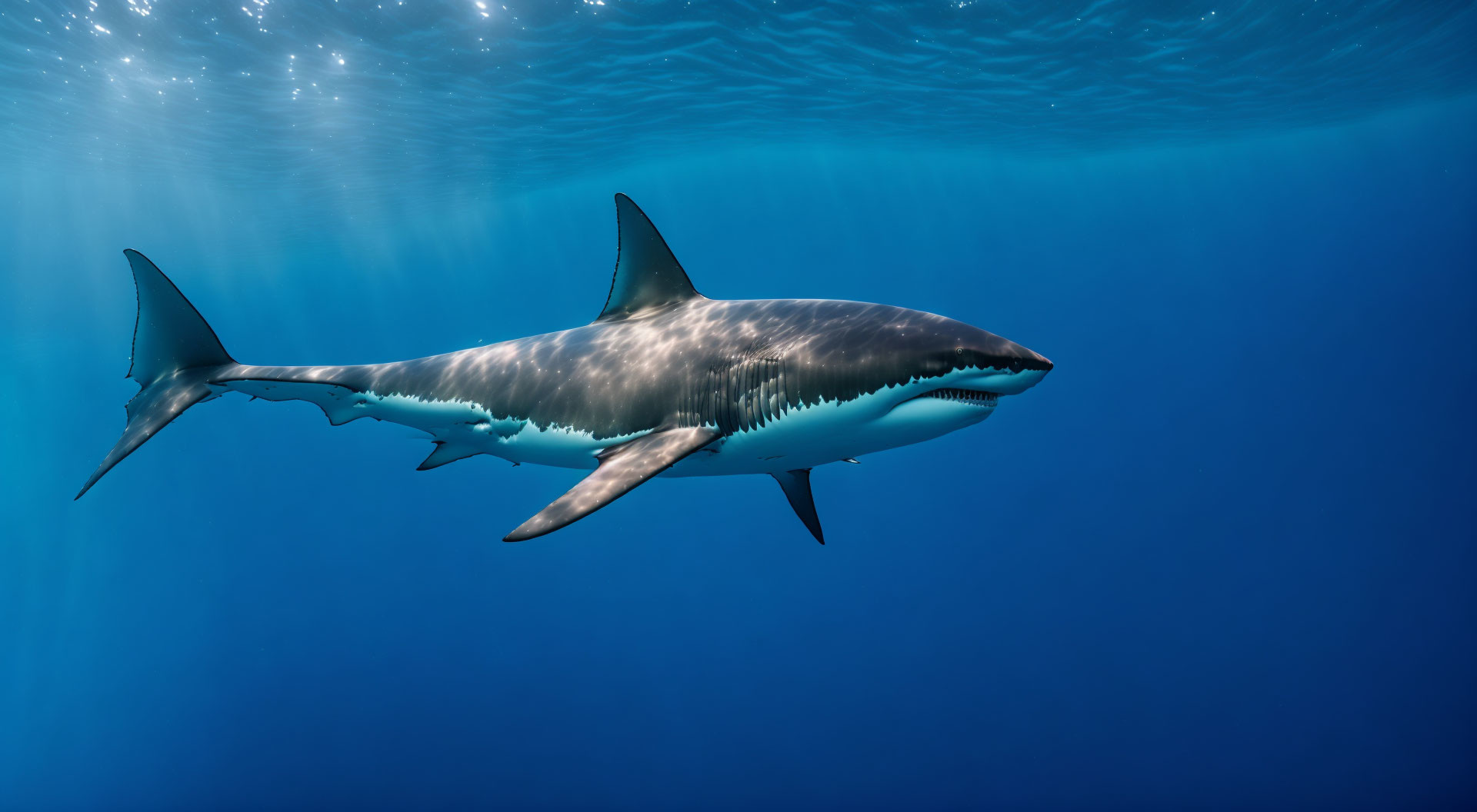 Majestic great white shark swimming in deep blue water