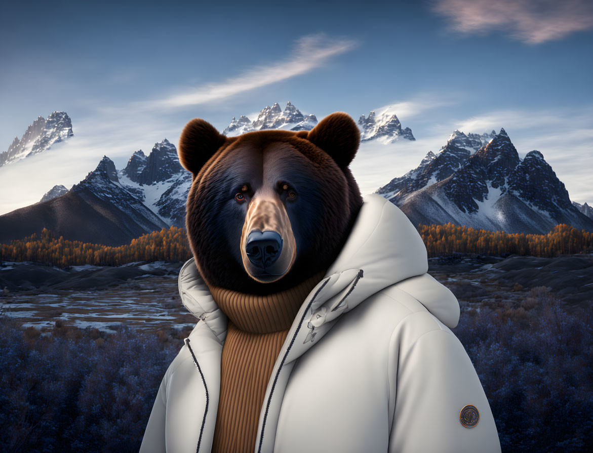 Bear in white jacket and cream sweater in mountain landscape at dusk